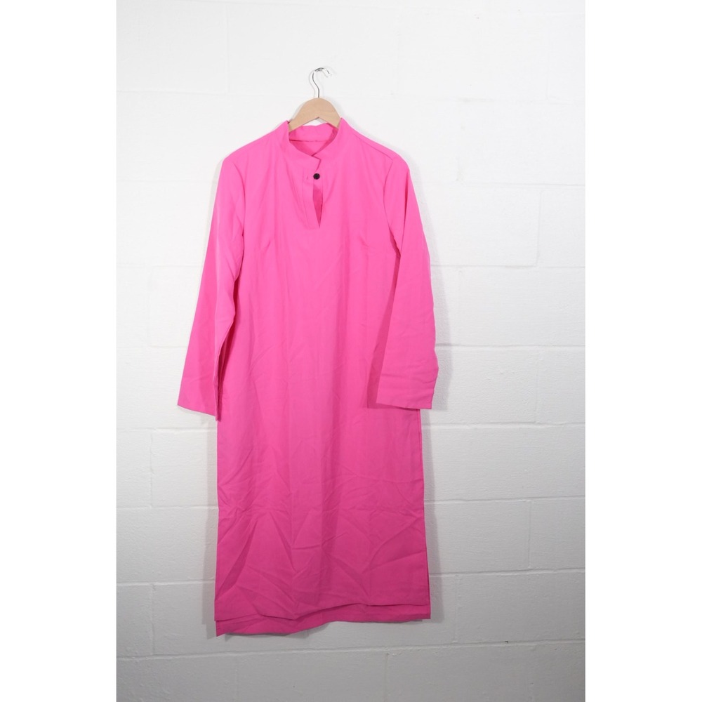 SHEIN Midi Dress Women Large Hot Pink Mandarin Collar Long Sleeve Keyhole Neck